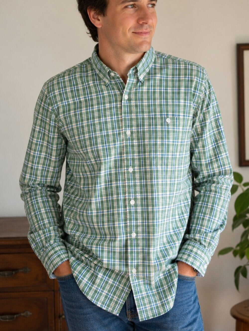 L.L.Bean Plaid Button Down Shirt Traditional Fit Green Blue Cotton Stretch XL